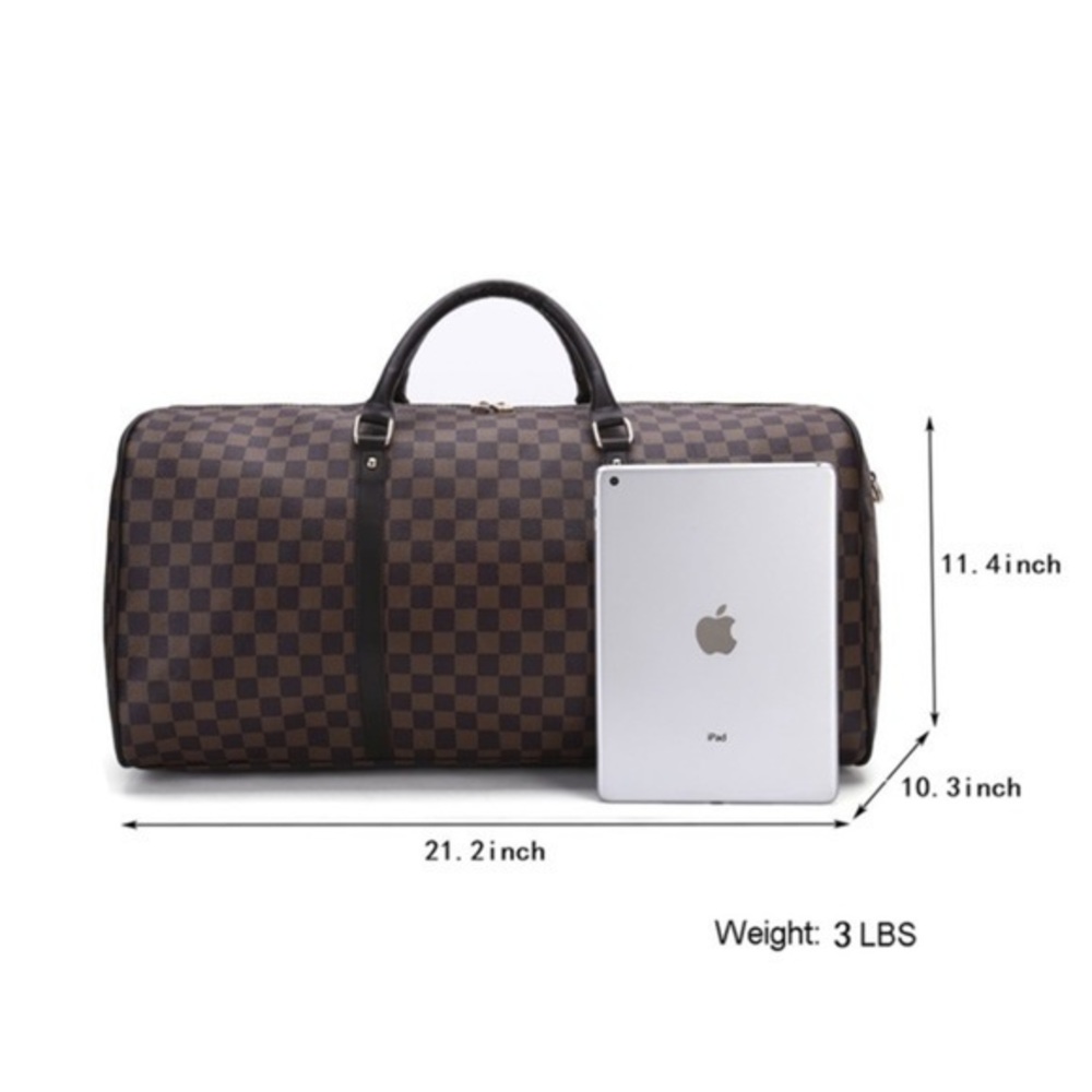 Brown Check Travel Duffel Bag - Classic Checkerboard Carryall - Picture 4 of 7